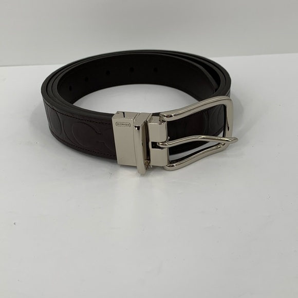Coach reversible men belt embossed CC logo brown leather smooth adjustable new - Picture 3 of 7